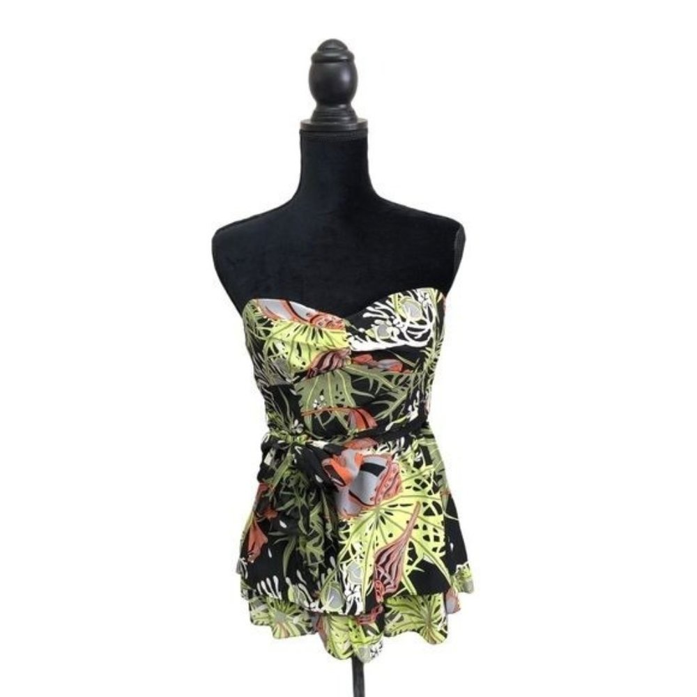 Nanette Lepore Deep Sea Fish Strapless Silk Peplum Top | Extra Small - Picture 2 of 12